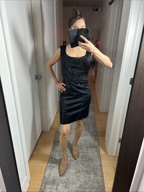 Liz Minelli Black Satin Dress | Reinforced Bust Contrast Stitching
